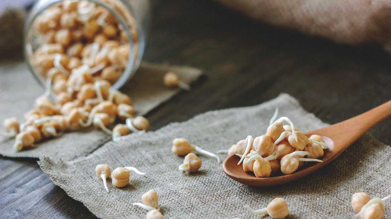 Sprouted legumes, seeds, and leafy whole grains
